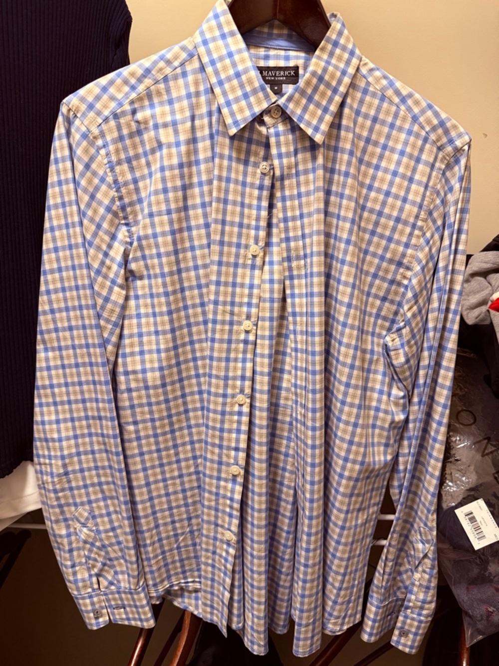 J. Maverick New York Button Down Shirt Blue Tan Plaid Size M